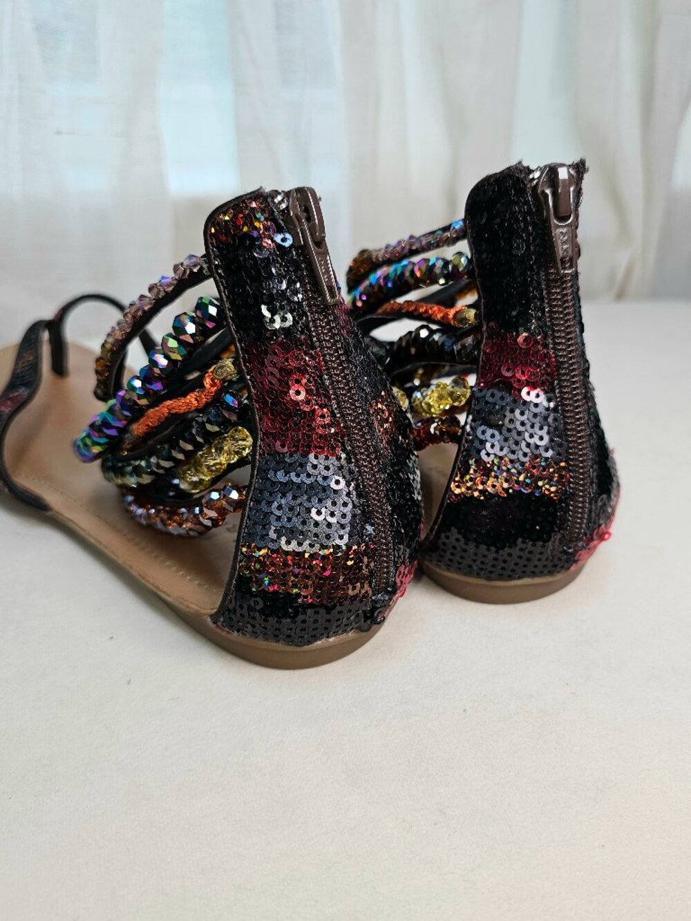 ZIGI Girl Brown Crystal Gladiator Sandals Size 10 Beaded Rhinestone Flat Sandals - Picture 9 of 11